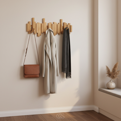 Wall-Mounted Coat Rack with Fold-Down Hooks — Solid Wood Piano Key Design for Entryway Bedroom Hallway Mudroom