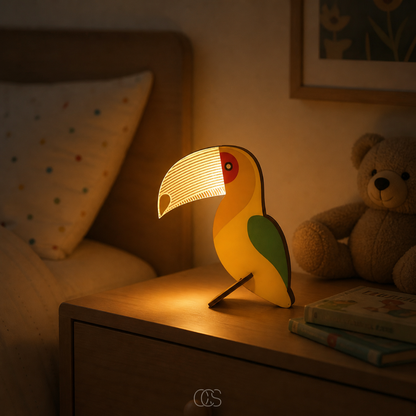 Wooden LED Animal Table Lamp for Kids' Room & Nursery Nightstand Lighting with Whale Toucan Pelican Designs