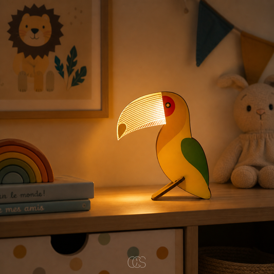 Wooden LED Animal Table Lamp for Kids' Room & Nursery Nightstand Lighting with Whale Toucan Pelican Designs
