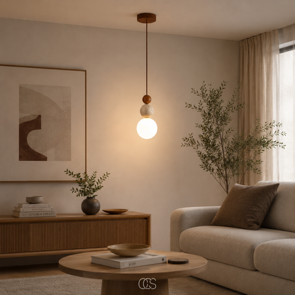Glass Globe Pendant Light with Travertine & Wood Accents | Modern Wabi-Sabi Hanging Fixture for Dining Room, Bedroom & Kitchen | Warm