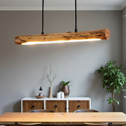 Linear Wood Beam Suspended Light Fixture 31 Inch Natural Finish Dimmable LED Bar Over Island Dining Room Kitchen Adjustable Drop Height Rust