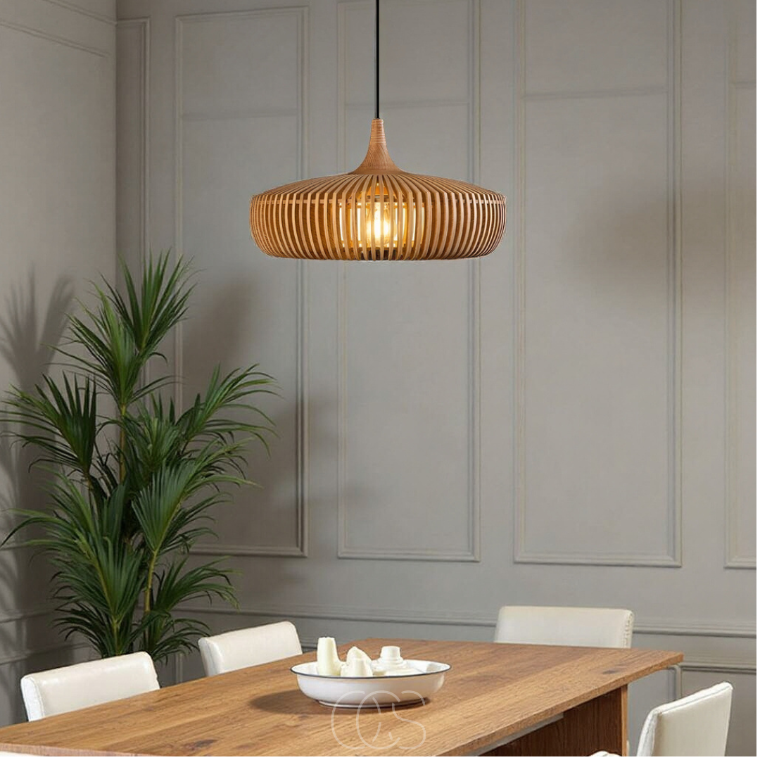 Wooden Pendant Light Fixture for Dining Room with Warm Glow – Scandinavian Minimalist Hanging Ceiling Lamp