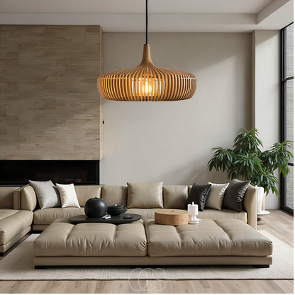 Wooden Pendant Light Fixture for Dining Room with Warm Glow – Scandinavian Minimalist Hanging Ceiling Lamp