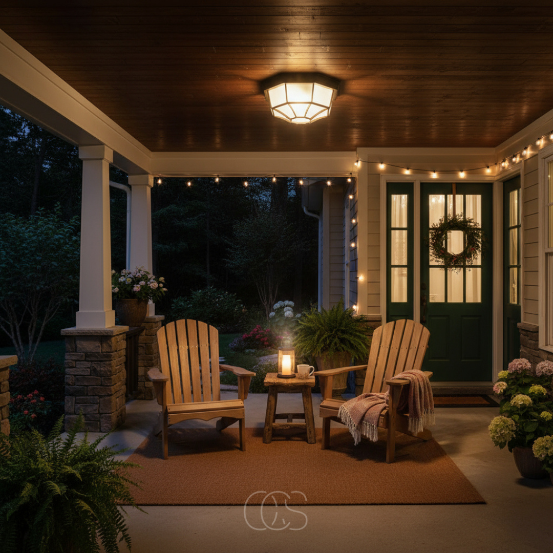 Outdoor Flush Mount Ceiling Light with Glass Shade & Aluminum Housing for Porch, Patio, Entryway