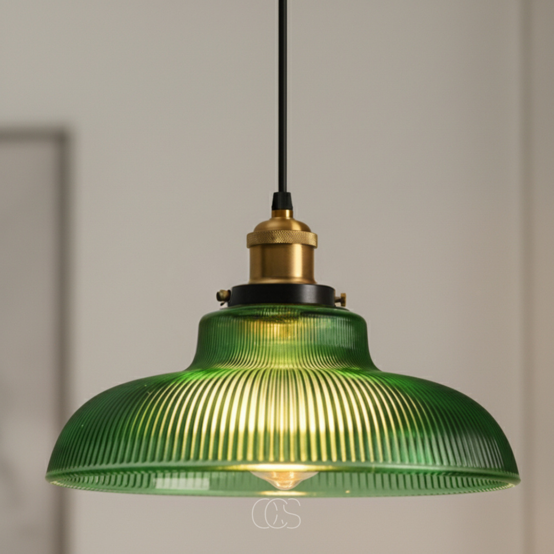 Glass Pendant Light with Metal Frame – Green or Clear Shade for Dining Room, Kitchen Island & Living Room – Adjustable Cord Ceiling