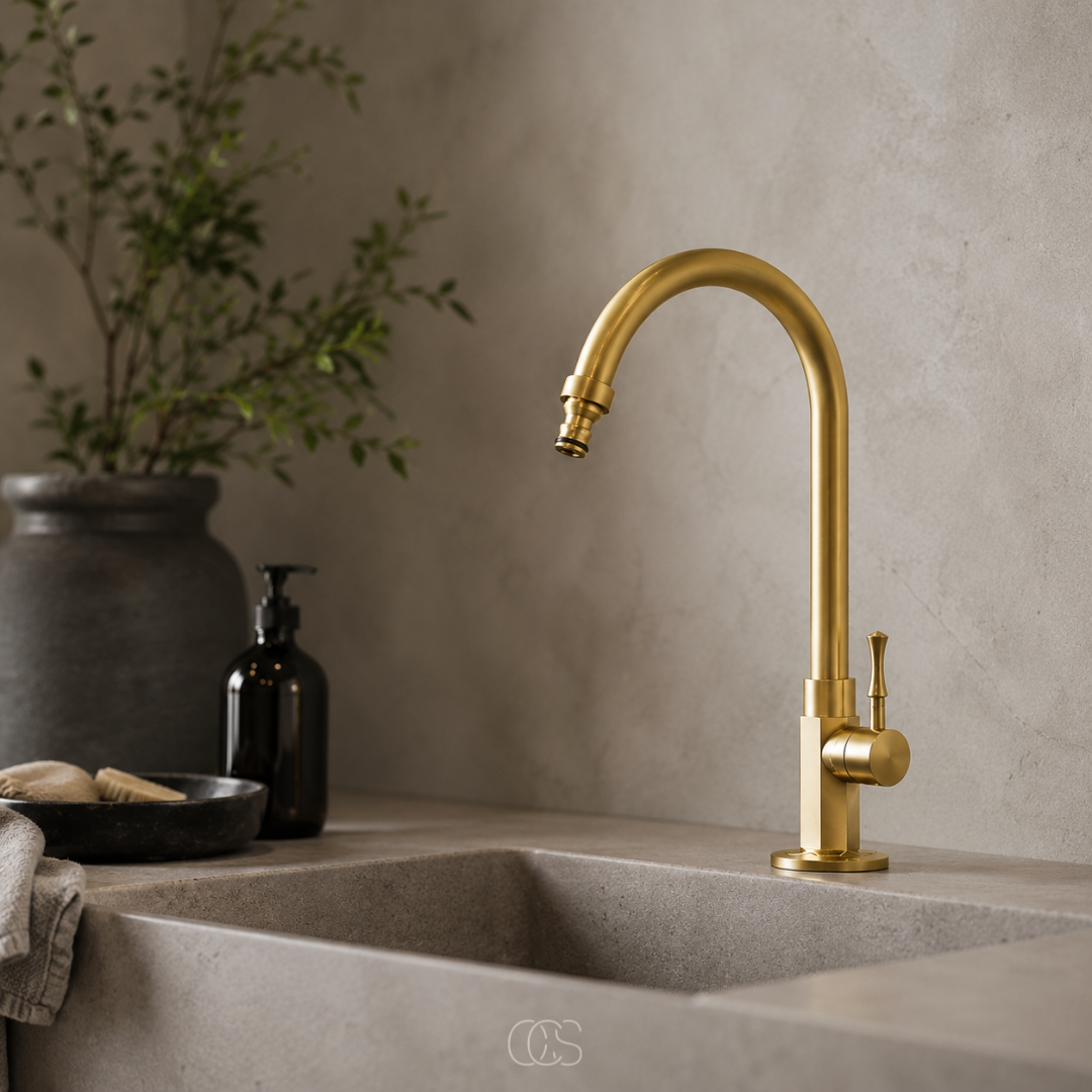 Antique Brass Kitchen Faucet with High Swivel Spout – Single Handle Vintage Sink Mixer Tap for Farmhouse & Classic Kitchens