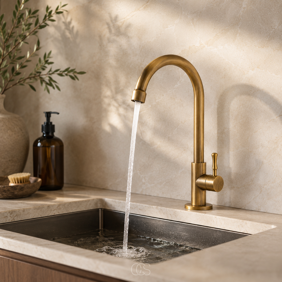 Antique Brass Kitchen Faucet with High Swivel Spout – Single Handle Vintage Sink Mixer Tap for Farmhouse & Classic Kitchens