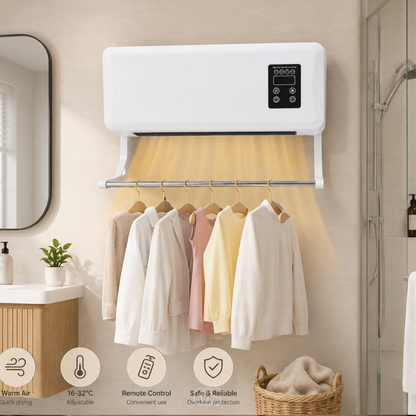 Wall-Mounted Heater Fan with Built-In Clothes Drying Rack & Remote Control for Bathroom Bedroom