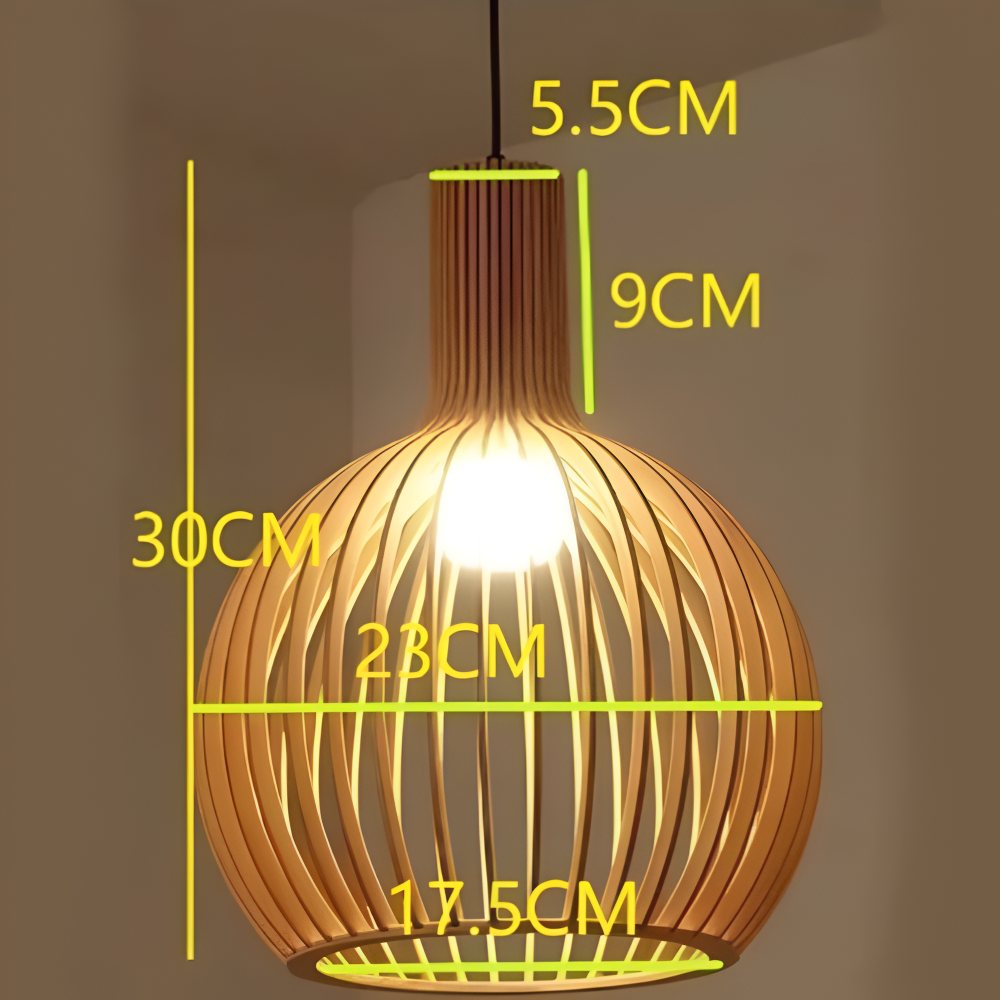 Slatted Wooden Drum Pendant Light E27 Socket Natural Finish Cage Ceiling Fixture for Kitchen Island Entryway Bedroom Farmhouse Modern Rustic