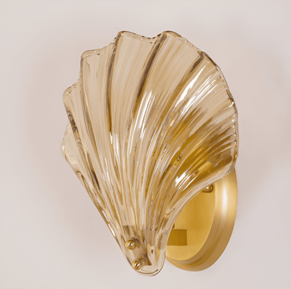 Fluted Glass Sconce with Brass Hardware 8 in Diameter Shell-Shaped Fixture E27 Socket for Bedrooms Hallways Living Rooms Push-Button Control