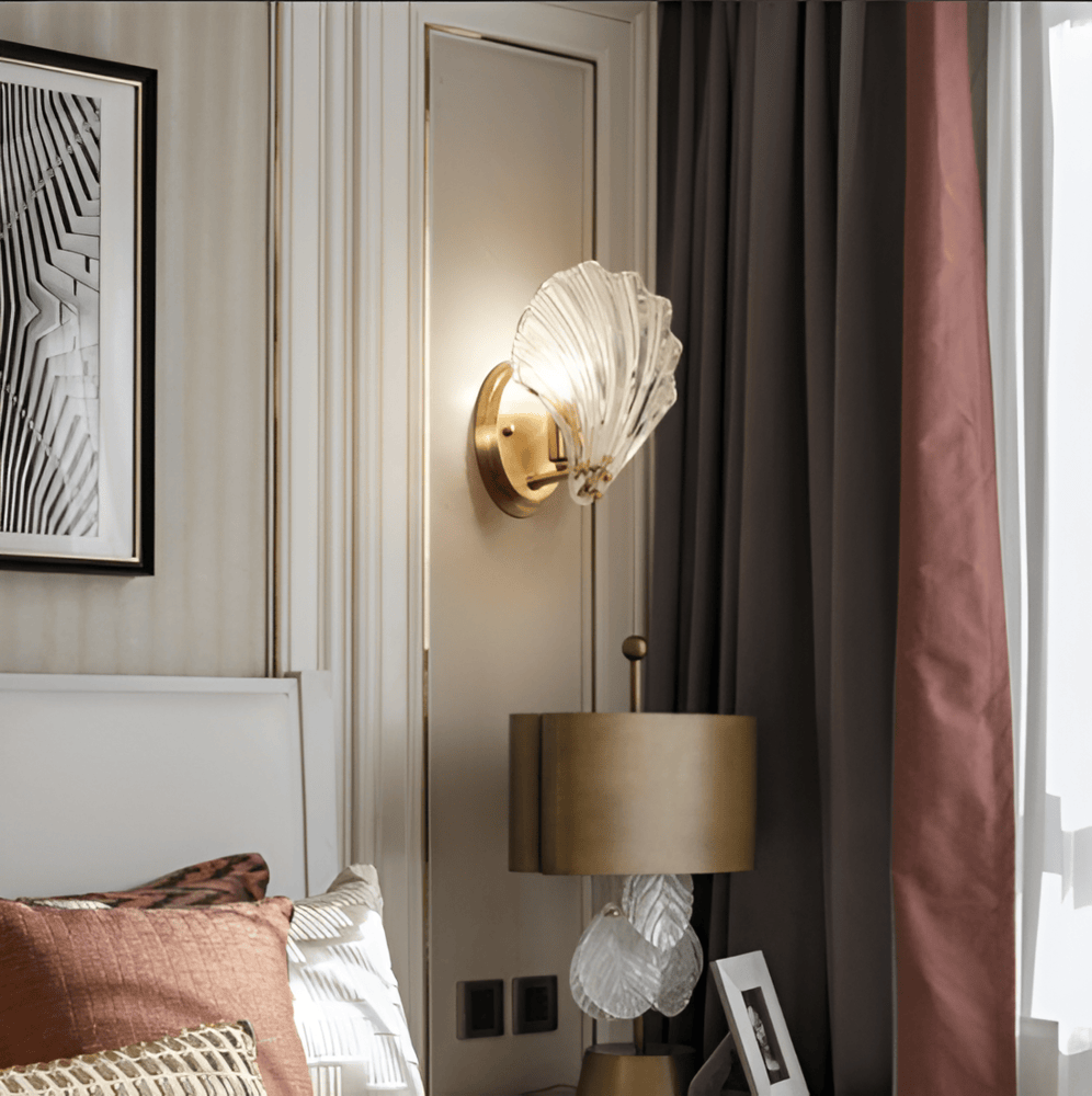 Fluted Glass Sconce with Brass Hardware 8 in Diameter Shell-Shaped Fixture E27 Socket for Bedrooms Hallways Living Rooms Push-Button Control