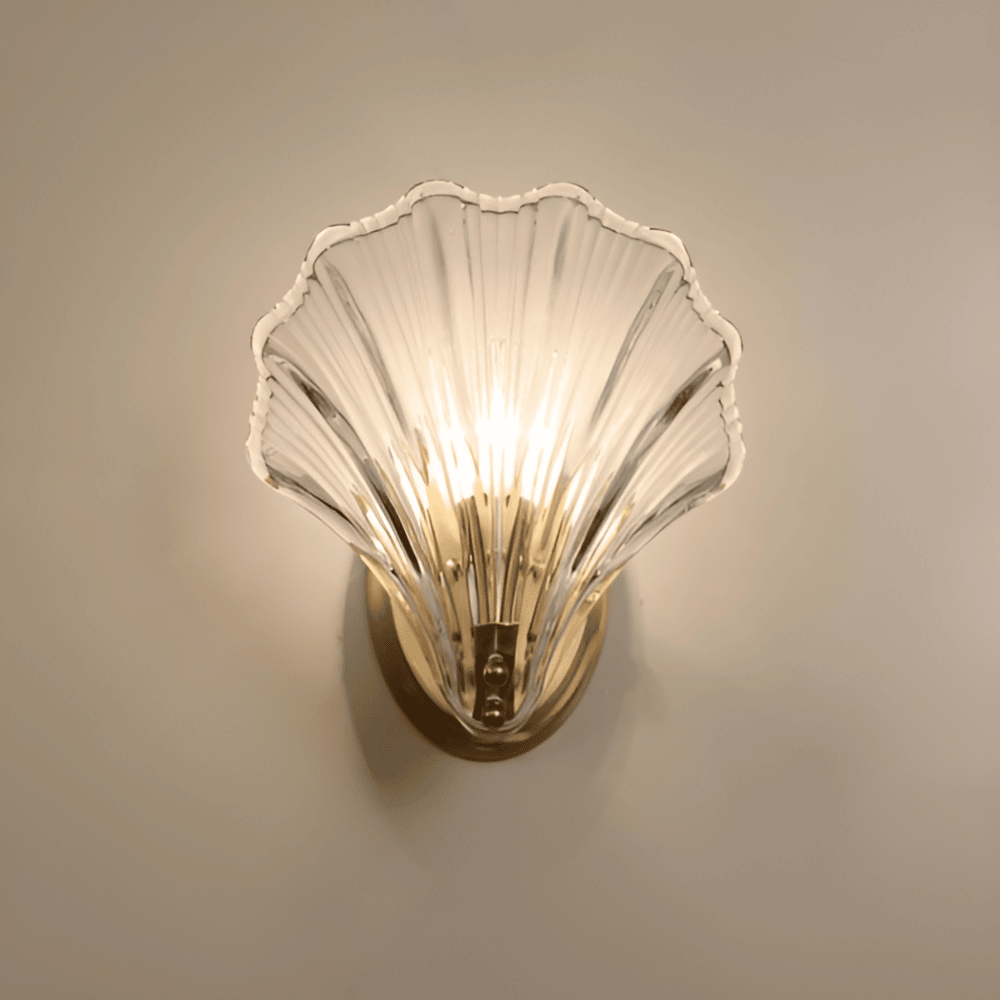 Fluted Glass Sconce with Brass Hardware 8 in Diameter Shell-Shaped Fixture E27 Socket for Bedrooms Hallways Living Rooms Push-Button Control