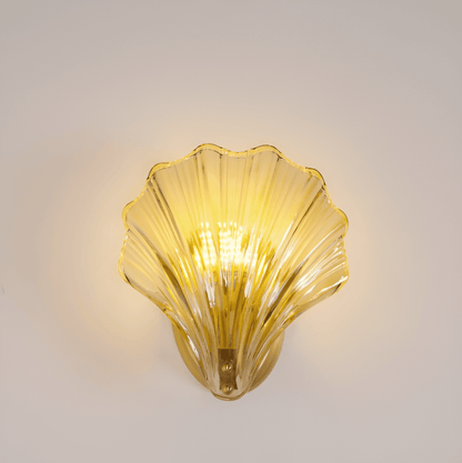 Fluted Glass Sconce with Brass Hardware 8 in Diameter Shell-Shaped Fixture E27 Socket for Bedrooms Hallways Living Rooms Push-Button Control