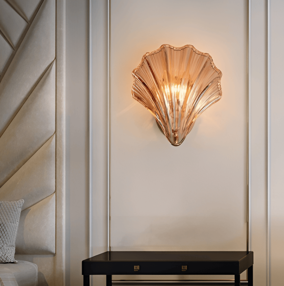Fluted Glass Sconce with Brass Hardware 8 in Diameter Shell-Shaped Fixture E27 Socket for Bedrooms Hallways Living Rooms Push-Button Control