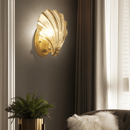 Fluted Glass Sconce with Brass Hardware 8 in Diameter Shell-Shaped Fixture E27 Socket for Bedrooms Hallways Living Rooms Push-Button Control