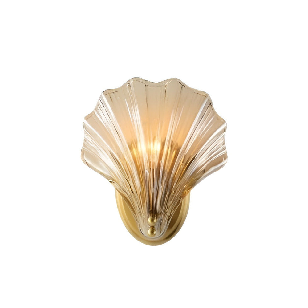 Fluted Glass Sconce with Brass Hardware 8 in Diameter Shell-Shaped Fixture E27 Socket for Bedrooms Hallways Living Rooms Push-Button Control