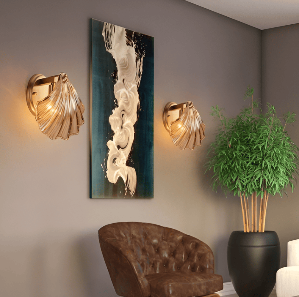 Fluted Glass Sconce with Brass Hardware 8 in Diameter Shell-Shaped Fixture E27 Socket for Bedrooms Hallways Living Rooms Push-Button Control