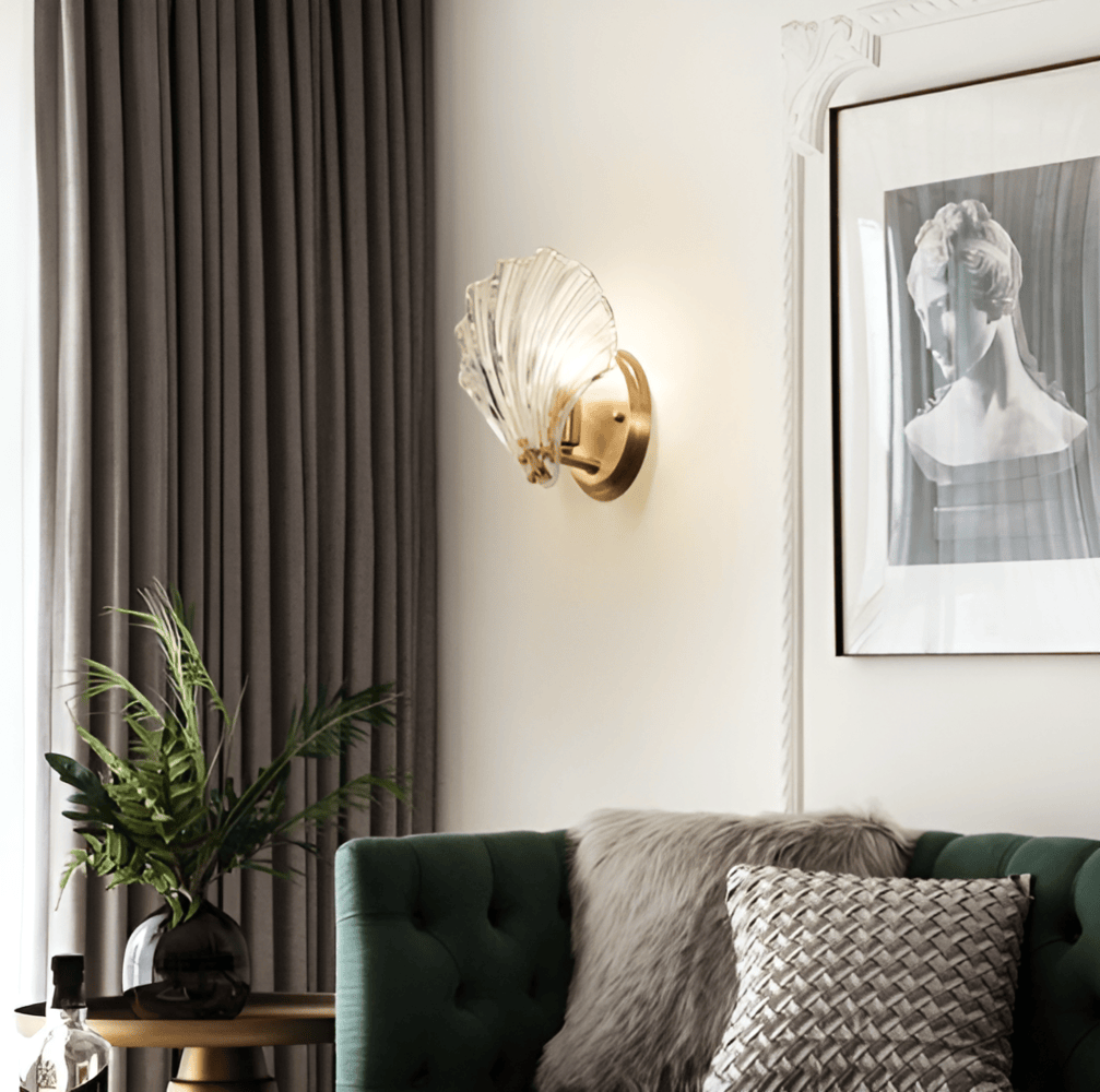 Fluted Glass Sconce with Brass Hardware 8 in Diameter Shell-Shaped Fixture E27 Socket for Bedrooms Hallways Living Rooms Push-Button Control