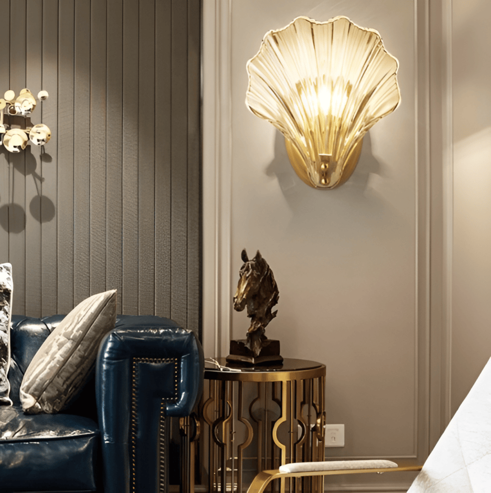 Fluted Glass Sconce with Brass Hardware 8 in Diameter Shell-Shaped Fixture E27 Socket for Bedrooms Hallways Living Rooms Push-Button Control
