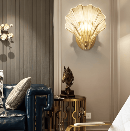 Fluted Glass Sconce with Brass Hardware 8 in Diameter Shell-Shaped Fixture E27 Socket for Bedrooms Hallways Living Rooms Push-Button Control