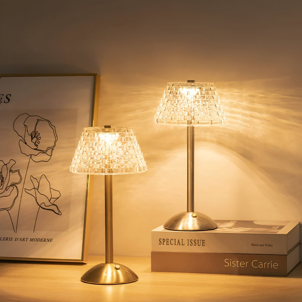 Rechargeable LED Accent Lamp with Touch Dimming & Three Color Modes for Nightstand, Desk, Dining Room – Crystal Shade, Gold Base, 12 in Tall