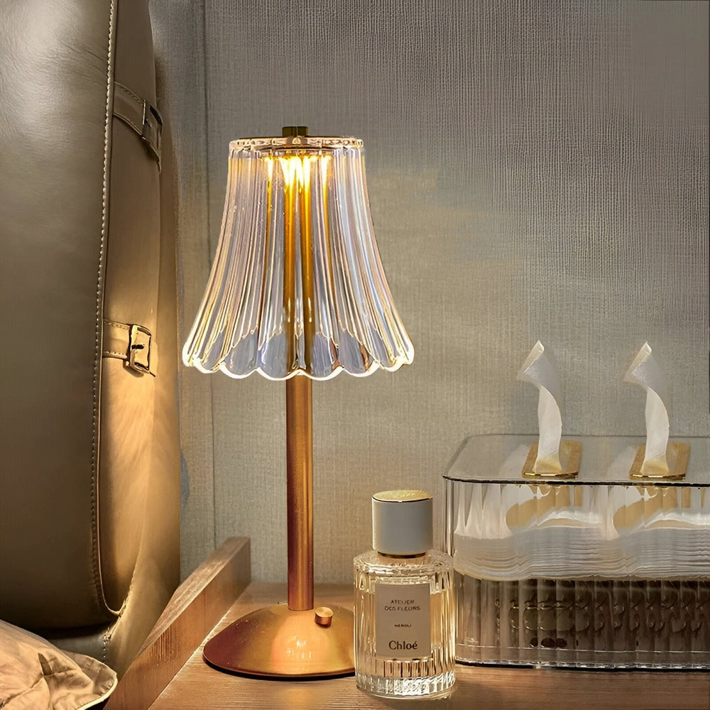 Rechargeable LED Accent Lamp with Touch Dimming & Three Color Modes for Nightstand, Desk, Dining Room – Crystal Shade, Gold Base, 12 in Tall
