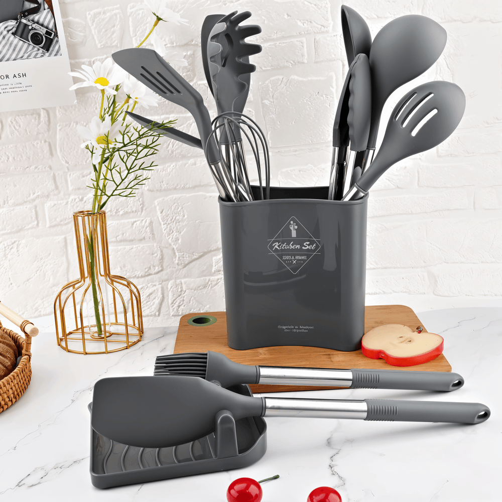 12-Piece Silicone Kitchen Utensil Set with Stainless Steel Handles & Holder for Cooking, Baking & Serving