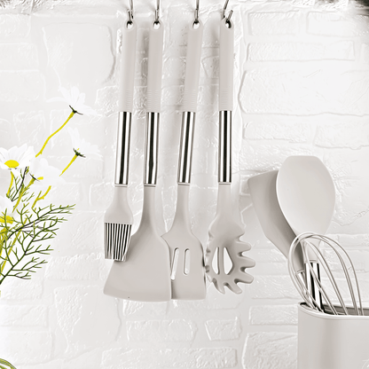 12-Piece Silicone Kitchen Utensil Set with Stainless Steel Handles & Holder for Cooking, Baking & Serving