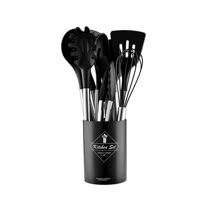 12-Piece Silicone Kitchen Utensil Set with Stainless Steel Handles & Holder for Cooking, Baking & Serving
