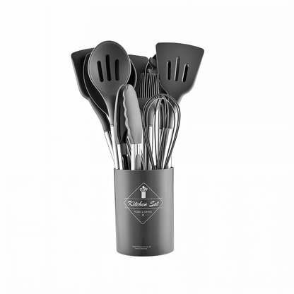 12-Piece Silicone Kitchen Utensil Set with Stainless Steel Handles & Holder for Cooking, Baking & Serving