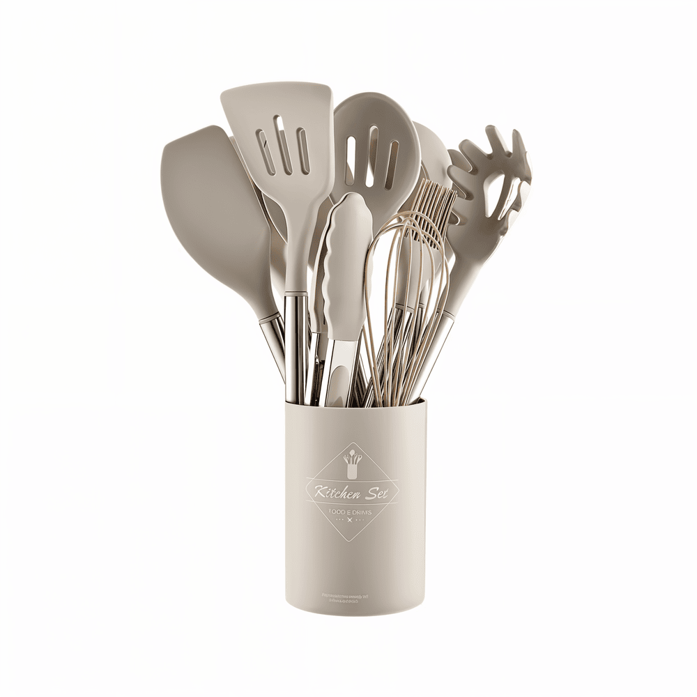 12-Piece Silicone Kitchen Utensil Set with Stainless Steel Handles & Holder for Cooking, Baking & Serving