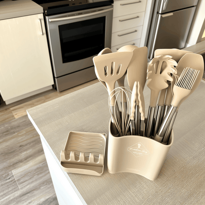 12-Piece Silicone Kitchen Utensil Set with Stainless Steel Handles & Holder for Cooking, Baking & Serving