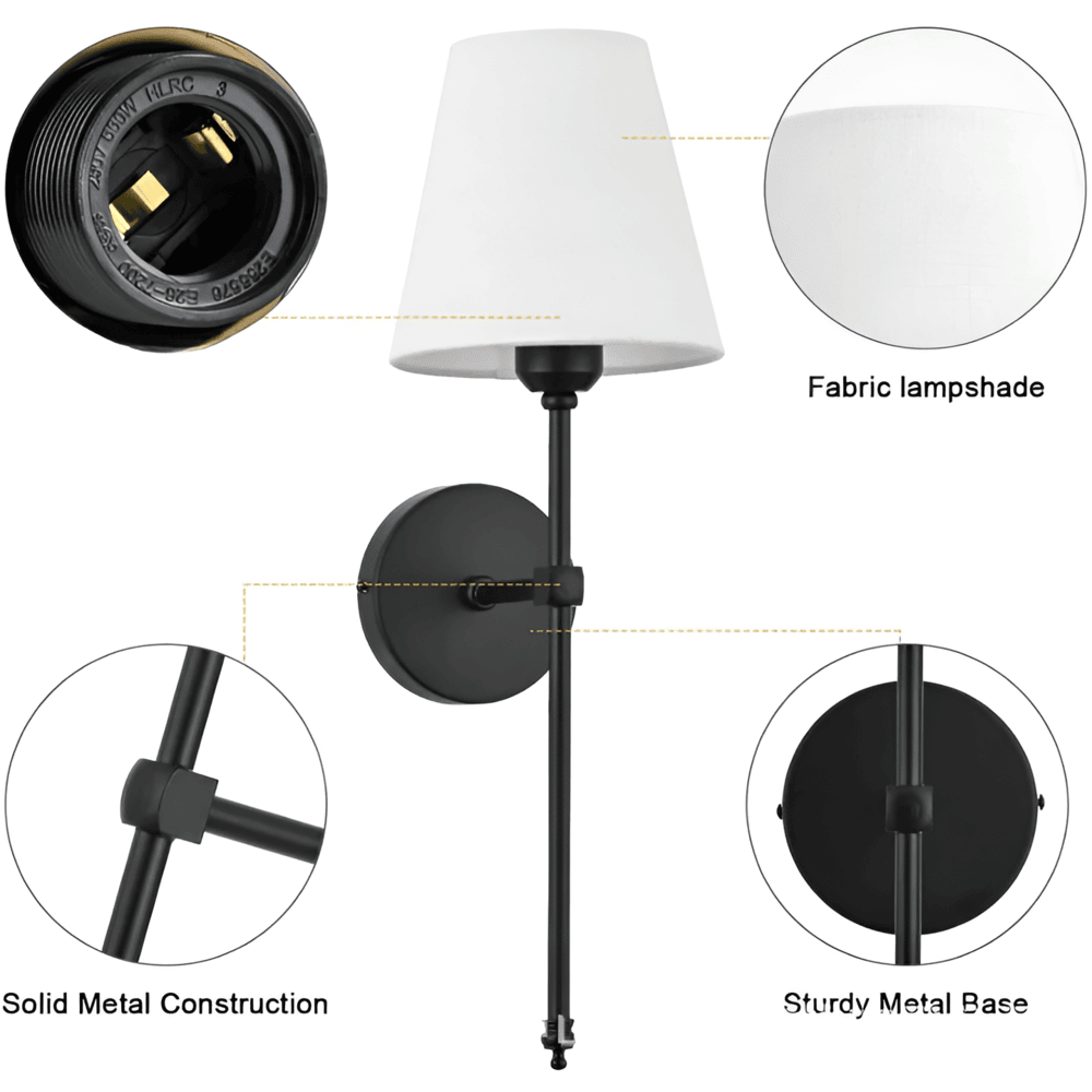 Metal Sconce Pair with Fabric Shades 20 inch Height for Bedroom Hallway Ambient Lighting Bedside Reading Wall Mount Fixtures Soft Diffused G