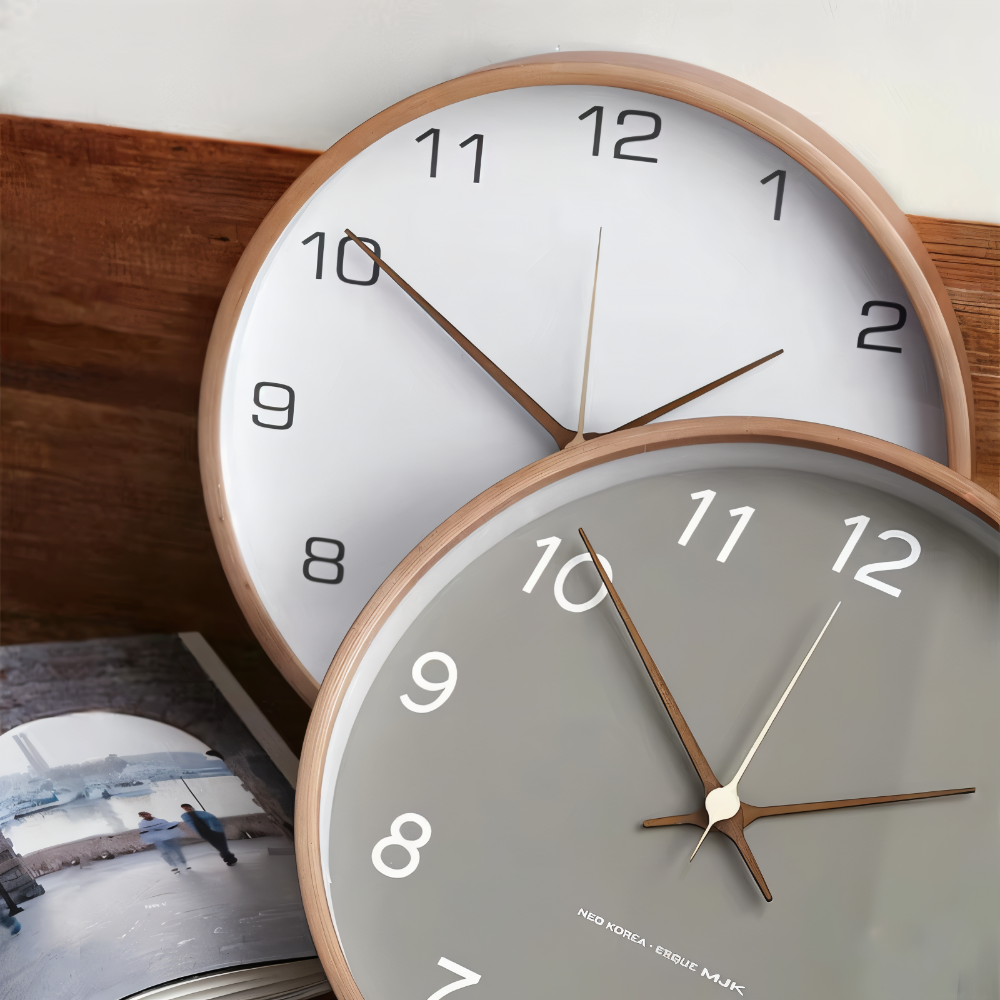 Round Wood Wall Clock 10 Inch Silent Non-Ticking Quartz Movement Gray White Frame Nordic Minimalist Decor for Living Room Bedroom Kitchen Of