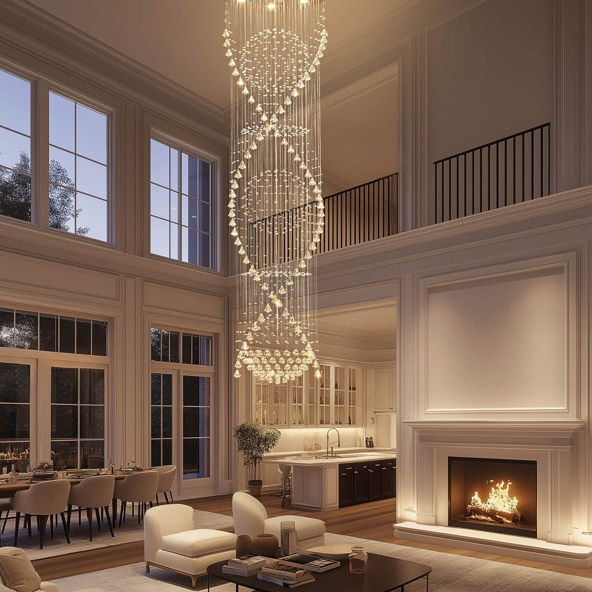 Spiral Crystal Chandelier with Cascading Pendant Drops – Adjustable Height Statement Lighting for Tall Ceilings, Entryways & Staircases