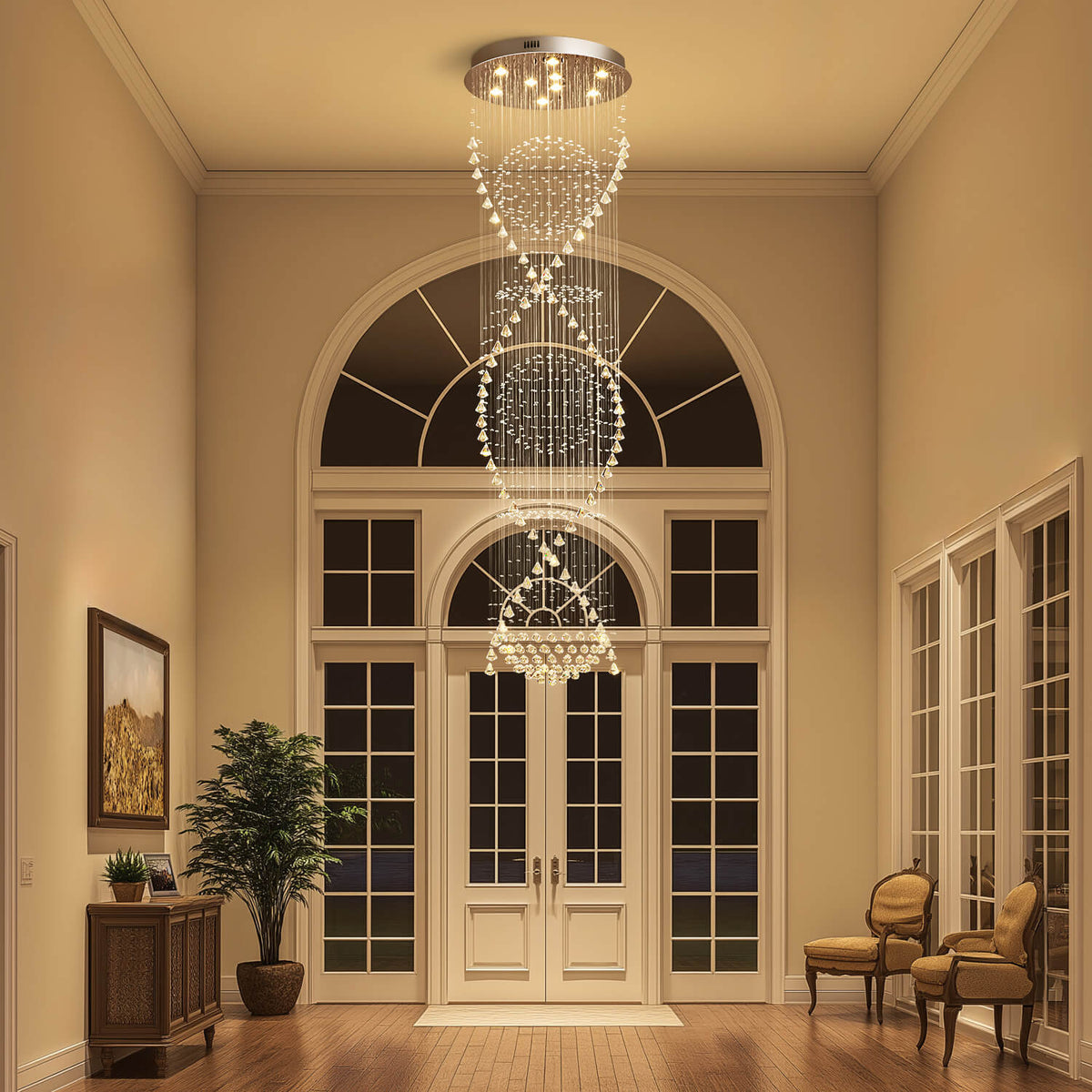 Spiral Crystal Chandelier with Cascading Pendant Drops – Adjustable Height Statement Lighting for Tall Ceilings, Entryways & Staircases