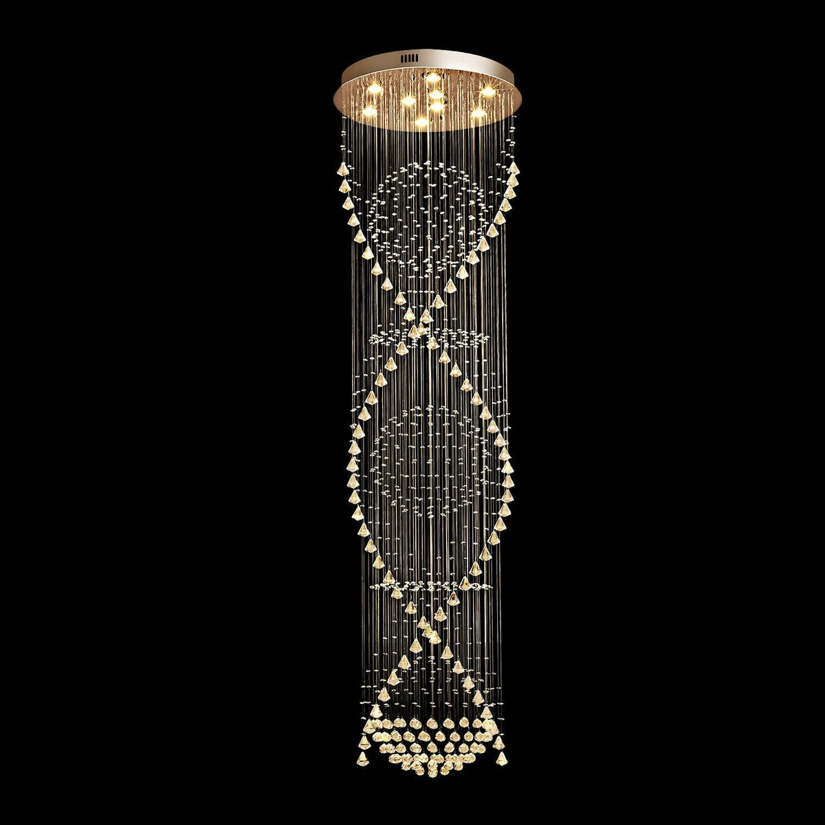 Spiral Crystal Chandelier with Cascading Pendant Drops – Adjustable Height Statement Lighting for Tall Ceilings, Entryways & Staircases