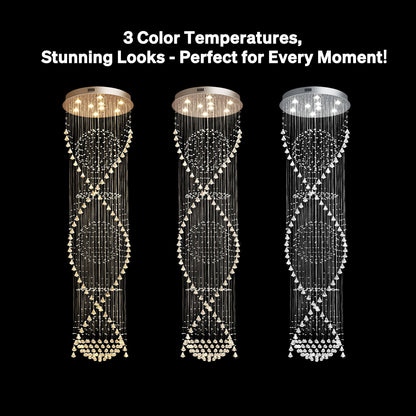 Spiral Crystal Chandelier with Cascading Pendant Drops – Adjustable Height Statement Lighting for Tall Ceilings, Entryways & Staircases