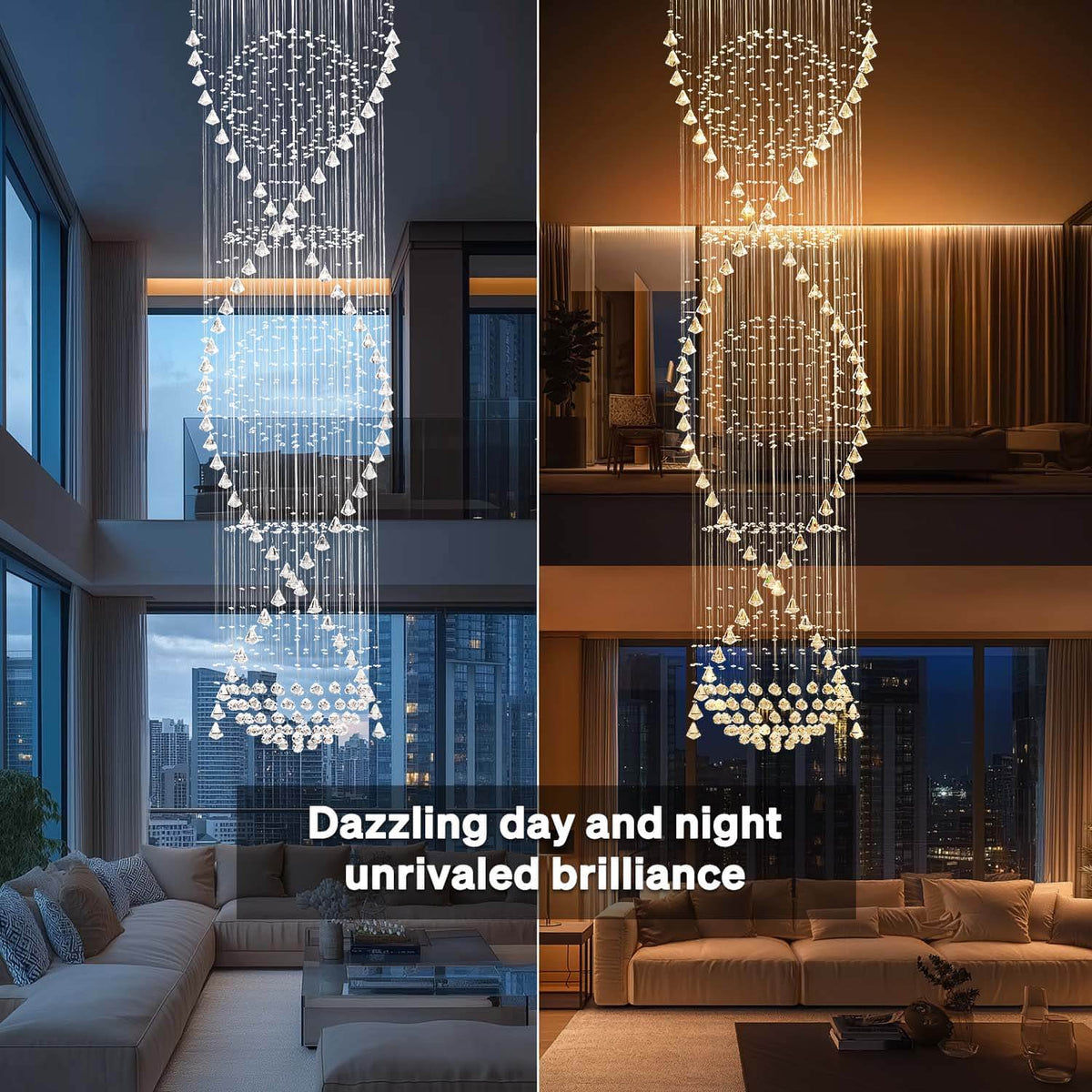 Spiral Crystal Chandelier with Cascading Pendant Drops – Adjustable Height Statement Lighting for Tall Ceilings, Entryways & Staircases