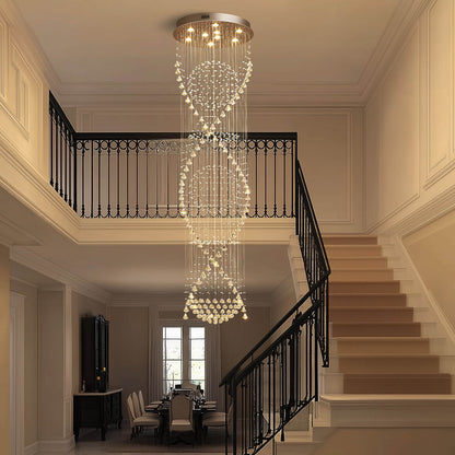 Spiral Crystal Chandelier with Cascading Pendant Drops – Adjustable Height Statement Lighting for Tall Ceilings, Entryways & Staircases