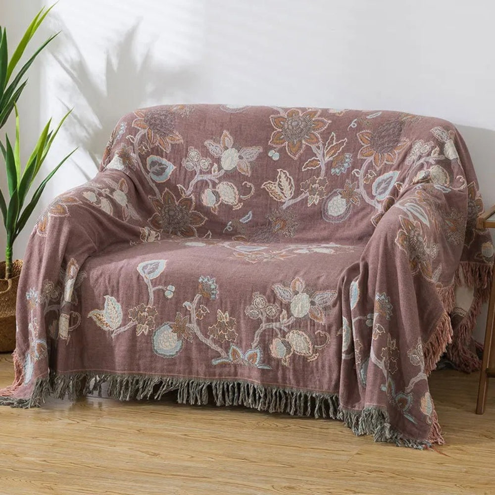 Orion Floral Bed Blanket - Cotton, Jacquard Design with Tassel Trim