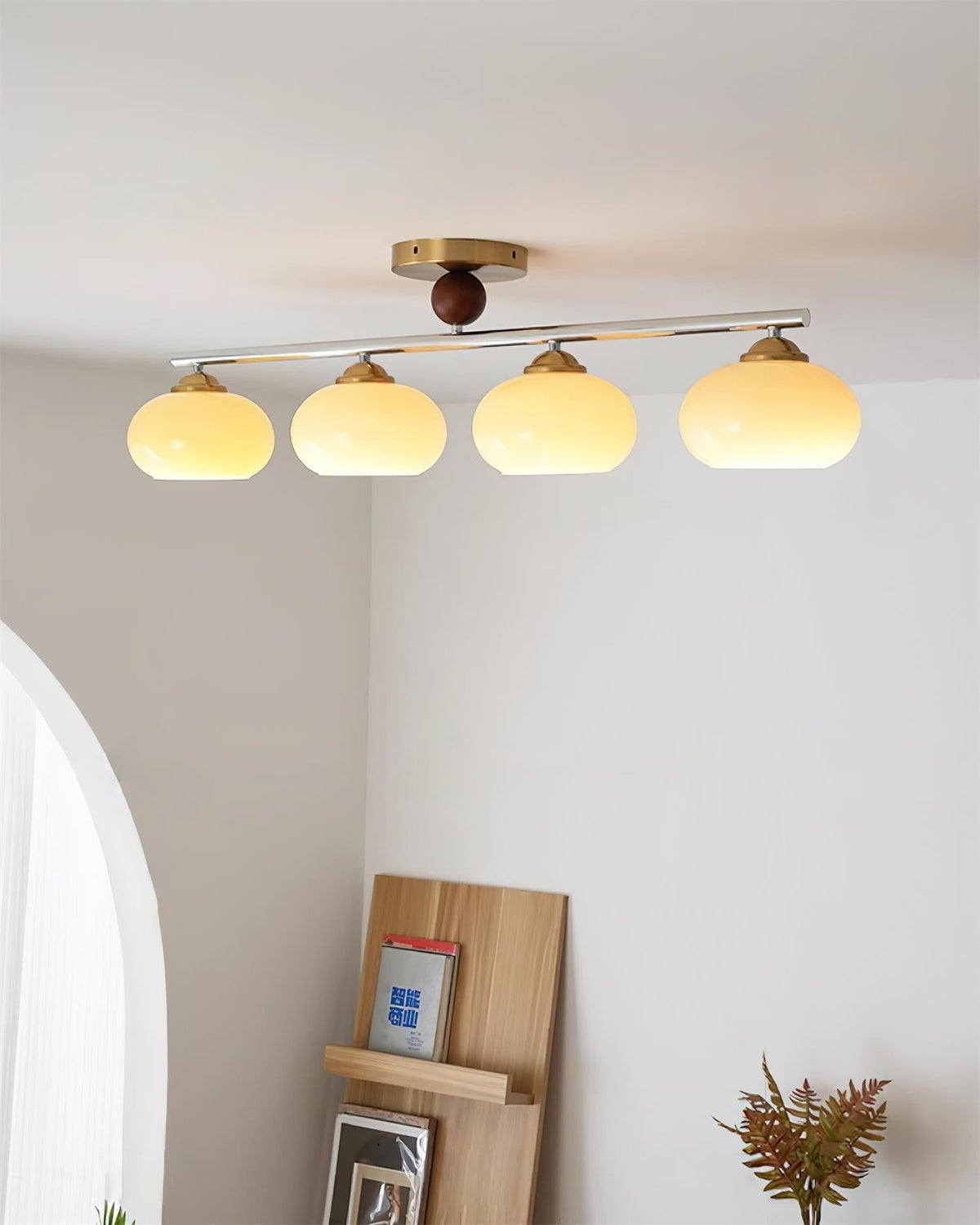 Four-Light Linear Island Pendant with Mixed Glass Shades for Kitchen & Dining Room – Metal & Glass Modern Fixture