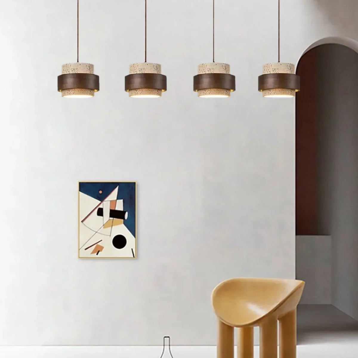 Natural Stone Hanging Fixture with Walnut Accent & Adjustable 59-Inch Cord for Dining Table, Kitchen Counter & Modern Living Spaces