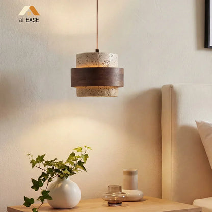 Natural Stone Hanging Fixture with Walnut Accent & Adjustable 59-Inch Cord for Dining Table, Kitchen Counter & Modern Living Spaces