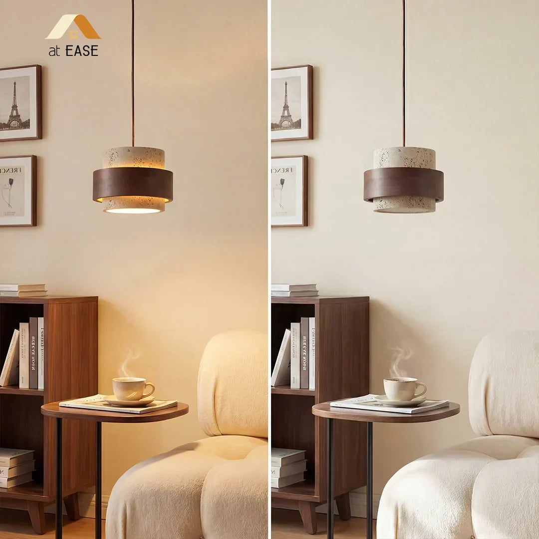 Natural Stone Hanging Fixture with Walnut Accent & Adjustable 59-Inch Cord for Dining Table, Kitchen Counter & Modern Living Spaces