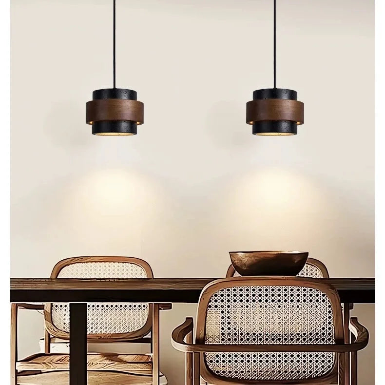 Natural Stone Hanging Fixture with Walnut Accent & Adjustable 59-Inch Cord for Dining Table, Kitchen Counter & Modern Living Spaces