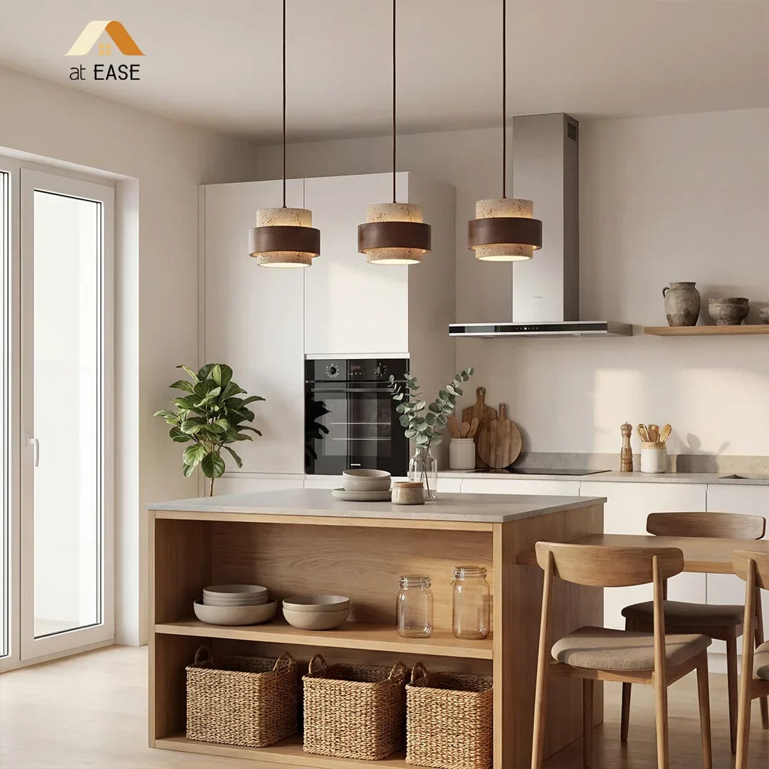 Natural Stone Hanging Fixture with Walnut Accent & Adjustable 59-Inch Cord for Dining Table, Kitchen Counter & Modern Living Spaces