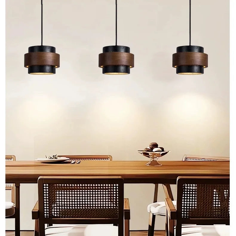 Natural Stone Hanging Fixture with Walnut Accent & Adjustable 59-Inch Cord for Dining Table, Kitchen Counter & Modern Living Spaces
