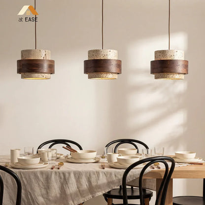 Natural Stone Hanging Fixture with Walnut Accent & Adjustable 59-Inch Cord for Dining Table, Kitchen Counter & Modern Living Spaces