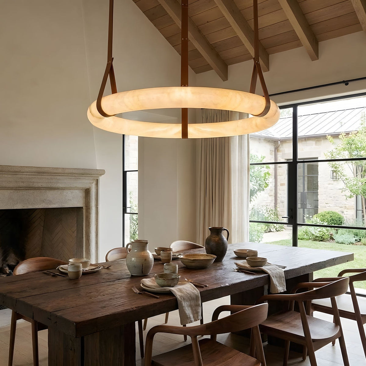 LED Ring Ceiling Fixture in Alabaster Stone – Adjustable Halo Chandelier for Open Dining Areas, Great Rooms & Hospitality – 47 in Circle Sus